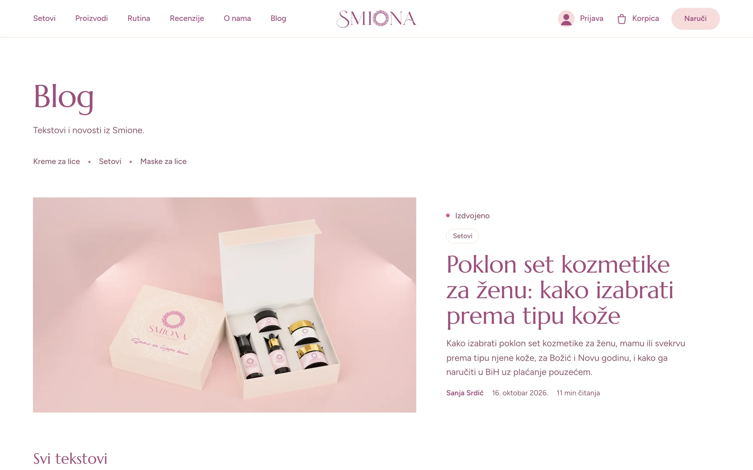 The smiona.com blog, with an article on choosing a gift set by skin type