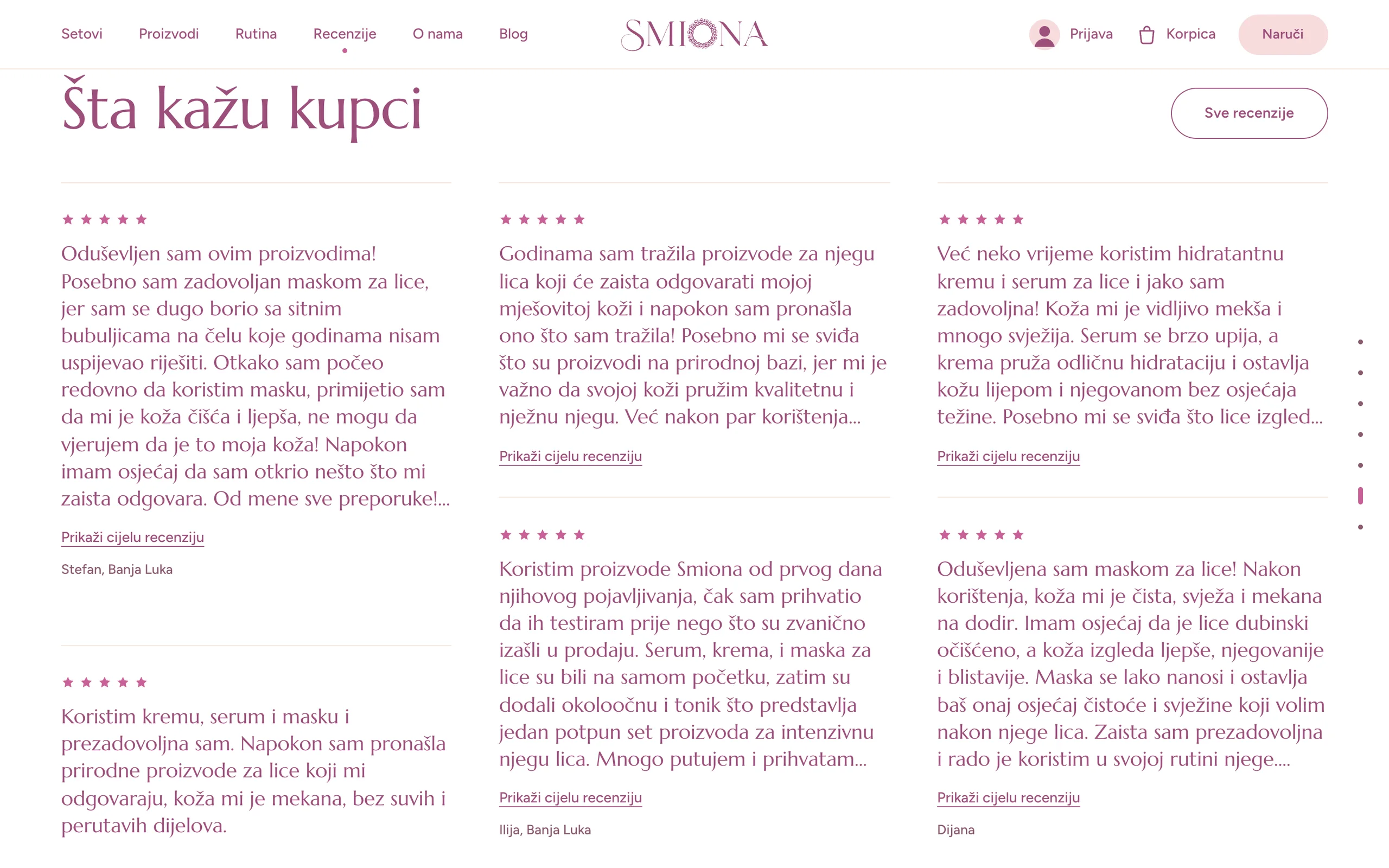 Customer reviews on the smiona.com home page, every one five stars