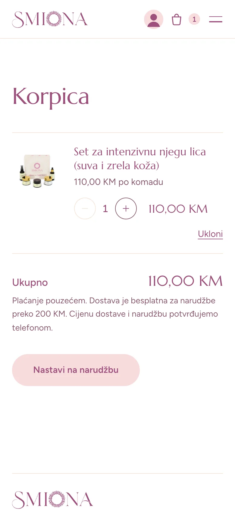 The smiona.com cart on a phone: a gift set, the total and cash on delivery