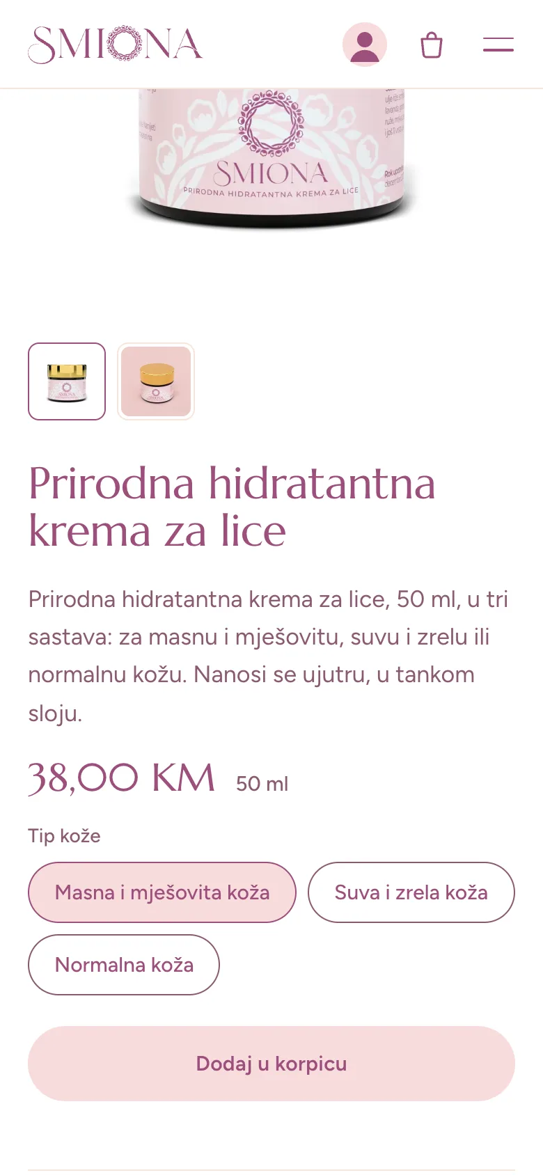 A smiona.com product page on a phone: the face cream, its price, the skin types and the add-to-cart button